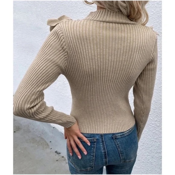 Navy Blue Ruffle Detail Fitted Knit Sweater Top - Picture 5 of 7